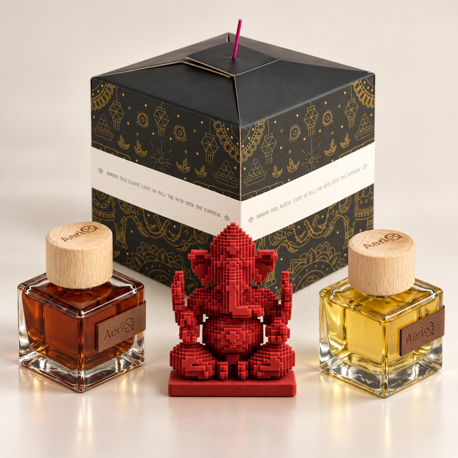 AeriQ Pushpak Gift Box: Diwali Car Gift Set (2 Car Perfumes + Ganpati Idol + Gift Card)