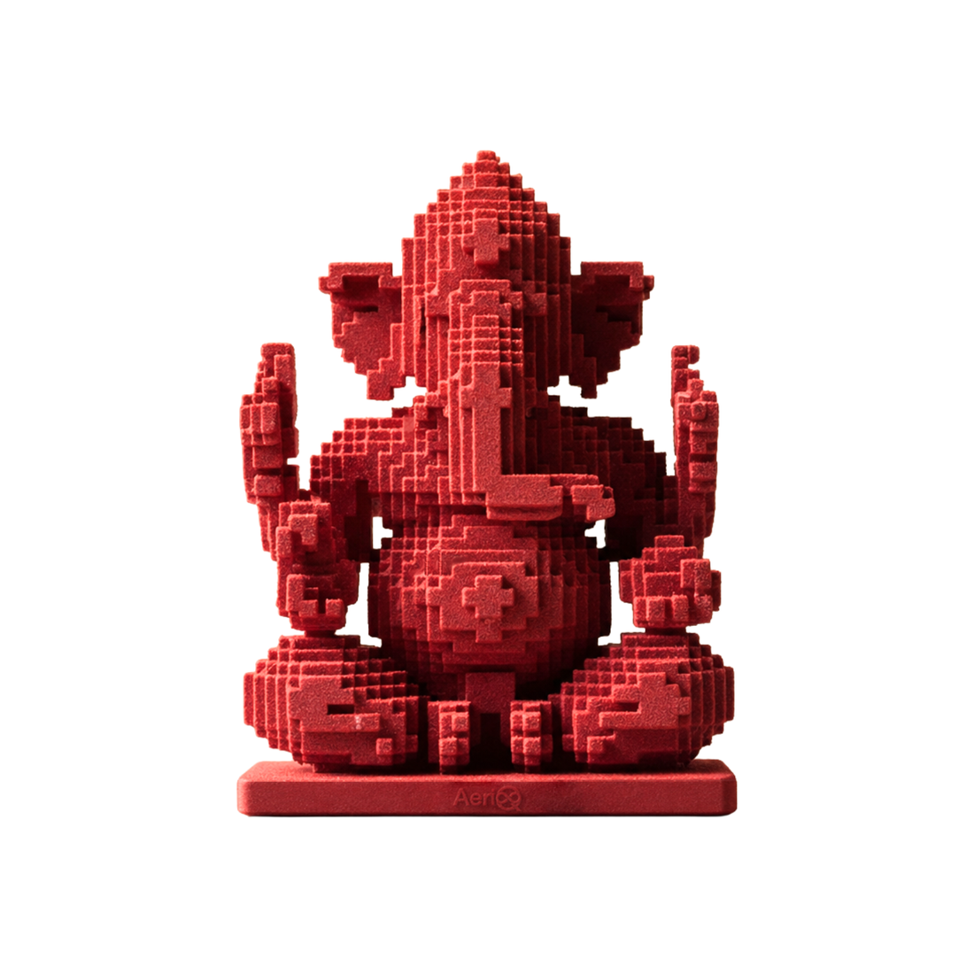 Moh – red AeriQ Pixel Ganpati Ganesha idol on a pink pedestal with a sheer drape