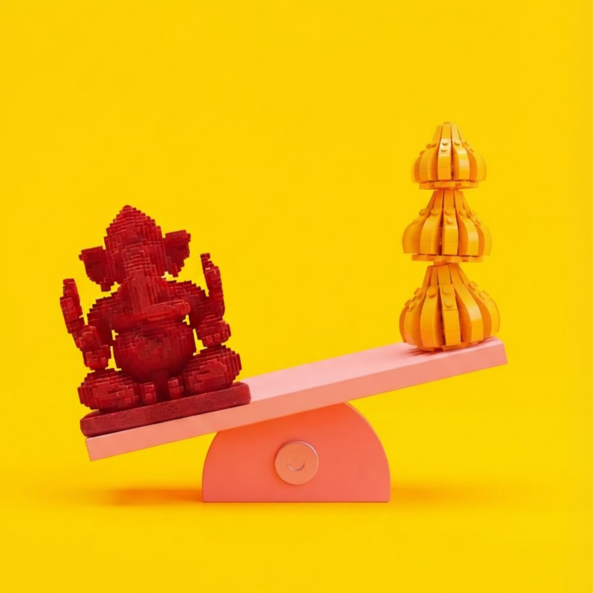 AeriQ Pixel Ganpati Ganesha idol in red, voxel finish, on a yellow set