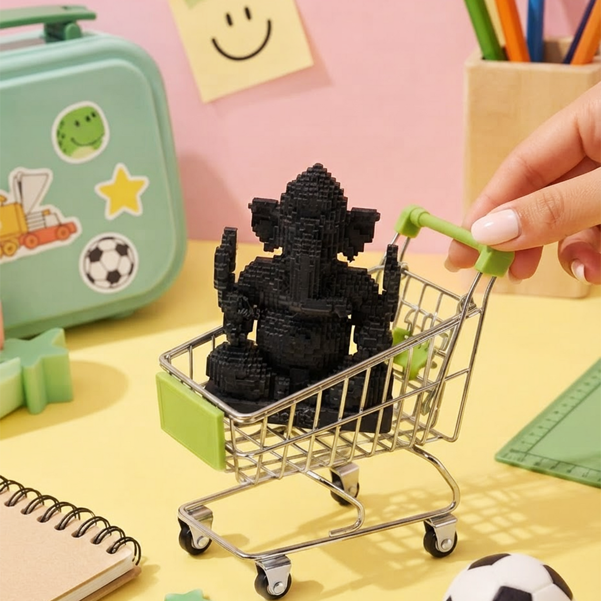 Black AeriQ Pixel Ganpati Ganesha idol in a miniature trolley