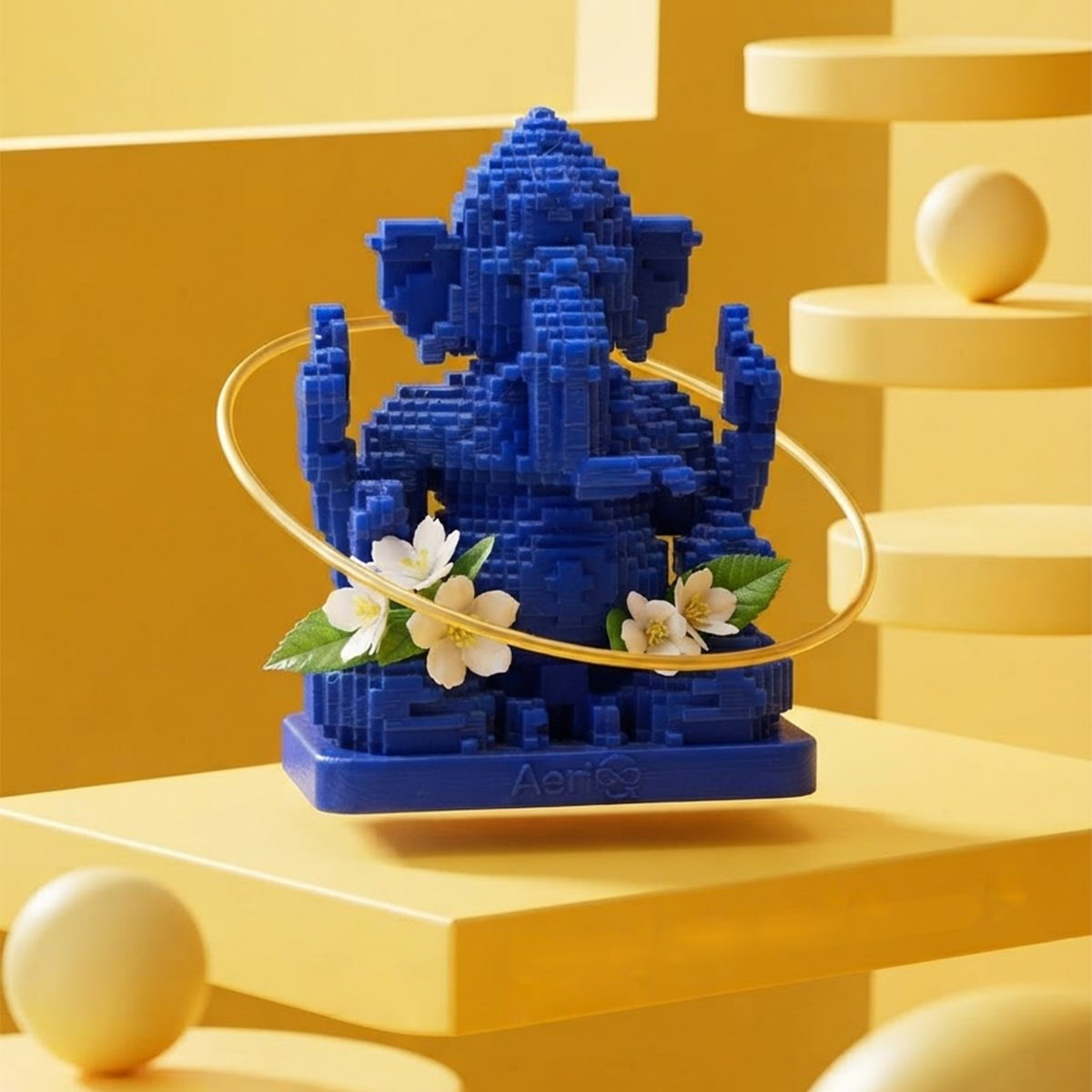 Navy blue AeriQ Pixel Ganpati Ganesha idol on a beige arch set