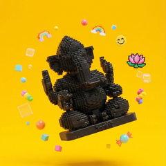 Black AeriQ Pixel Ganpati Ganesha idol on a blue set with confetti