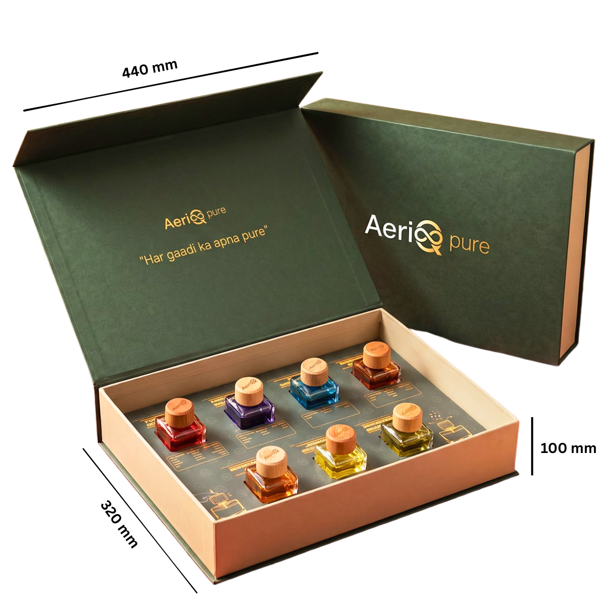 AeriQ Pure Experience Box dimensions 440 x 320 x 100 mm with 7 car perfume bottles