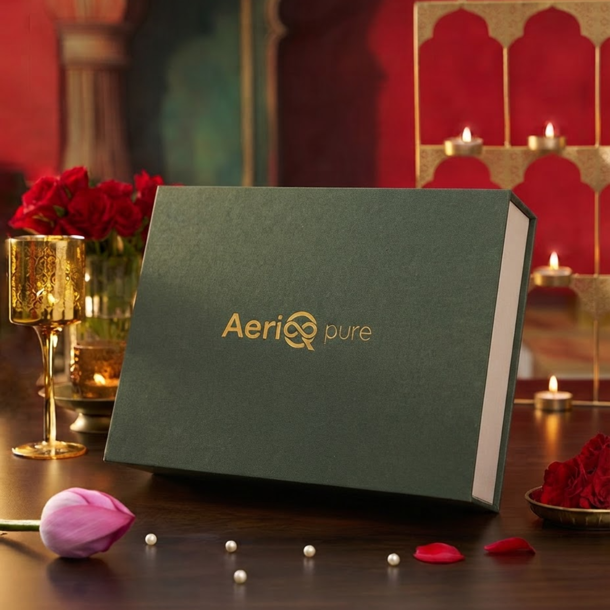 AeriQ Pure Experience Box gift box with gold foil logo in a festive setting